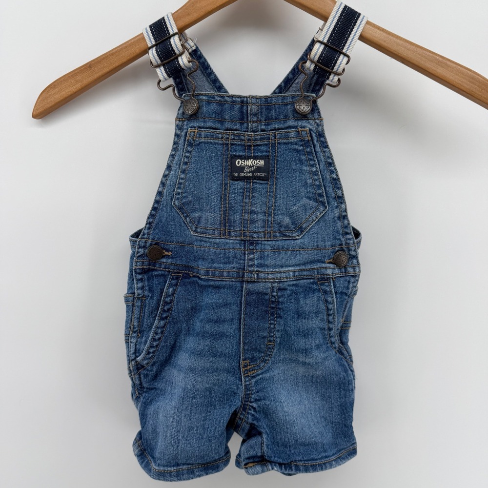 OshKosh B'gosh Baby Boy Denim Shortalls Blue Overalls 12M unisex stripes